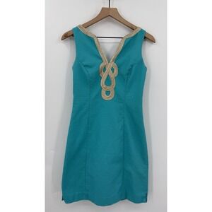 Lilly Pulitzer Dress Womens 2 Green Blue Gold Trim Preppy Resort Colorful